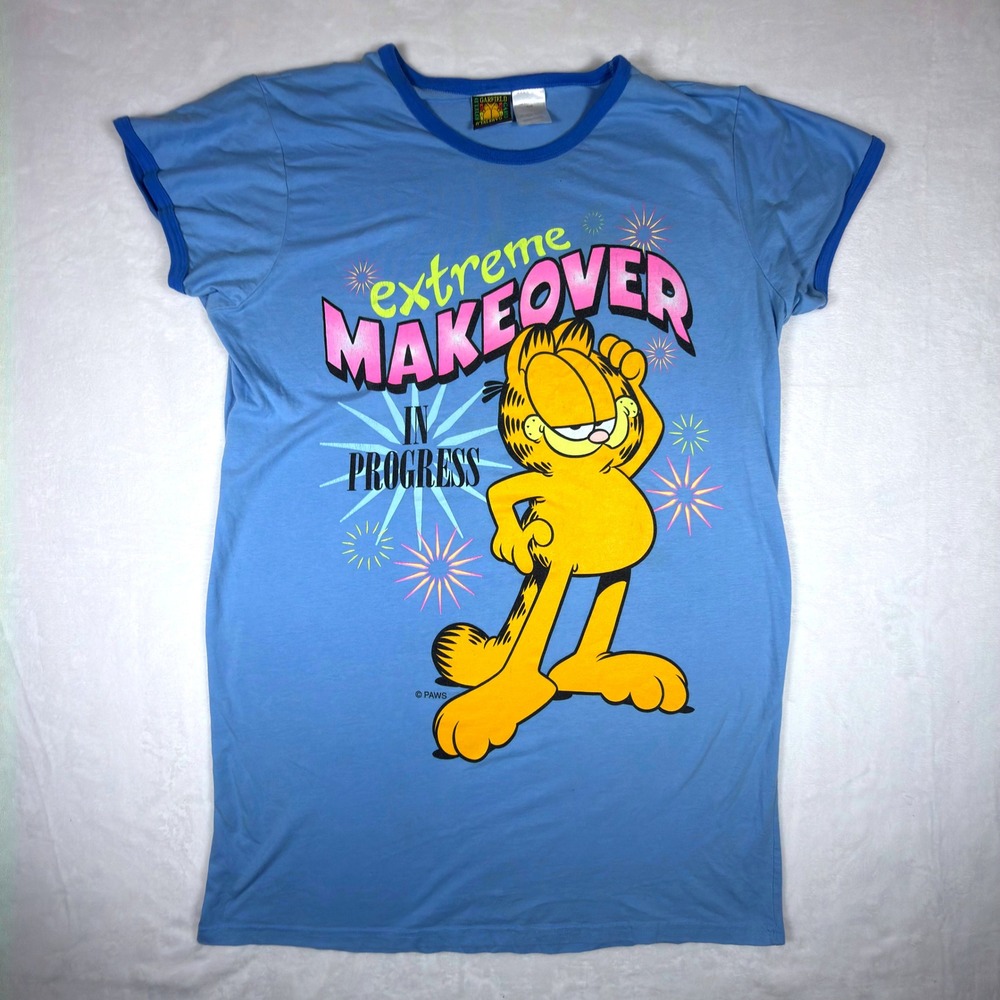Vintage Garfield Extreme Makeover Sleep Shirt Blue Ringer Nightgown OSFM